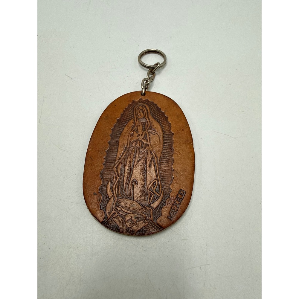 Vintage Mexico Tooled Leather Our Lady of Guadalupe Keychain Religious Souvenir